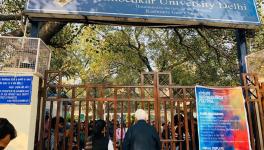 CPI(M) leader Prakash Karat addressing the students outside the AUD campus gates. Image Courtesy - Facebook