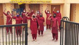 ASHAs held demonstrations at local sub-centres and primary health centres across the country on Monday. Image from Hisar, Haryana. | Image Courtesy - Special Arrangement