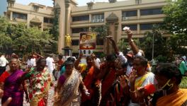 Chennai, Feb 22 (ANI): Dravida Munnetra Kazhagam (DMK) supporters raise slogan as they celebrate the party's victory in the Tamil Nadu Urban Local Body Elections, at the party headquarters, in Chennai