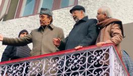 Democratic Azad Party president Ghulam Nabi Azad addresses party workers in Sonwar, Srinagar, on Saturday.