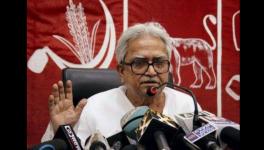 Caption: Left Front chairman Biman Basu addressing a press conference on MGNREGA in Kolkata