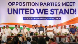 Congress President Mallikarjun Kharge, party leader Rahul Gandhi, West Bengal CM Mamata Banerjee, Delhi CM Arvind Kejriwal, NCP supremo Sharad Pawar and others at a press conference after the opposition parties' meeting, in Bengaluru, Tuesday, July 18, 2023.