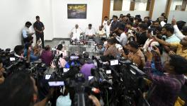 ationalist Congress Party (NCP) President Sharad Pawar with party MLA Rohit Pawar during a press conference at his residence, in Pune, Sunday, July 2, 2023.