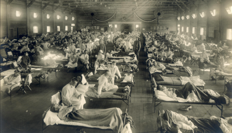 Soldiers from Fort Riley, Kansas, ill with Spanish flu at a hospital ward at Camp Funston