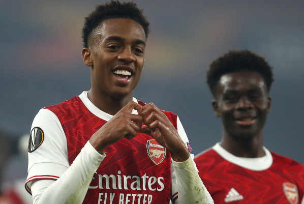 Joe Willock of Arsenal FC celebrates his goal against FK Molde