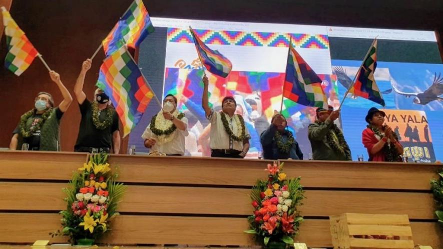 Bolivian president Luis Arce and former president Evo Morales inaugurated the first ‘Meeting of Peoples and Organizations of Abya Yaya towards the construction of a Plurinational America’ at the headquarters of UNASUR in the town of San Benito, in the Cochabamba department, Bolivia, on December 18. Photo: Evo Morales/Twitter