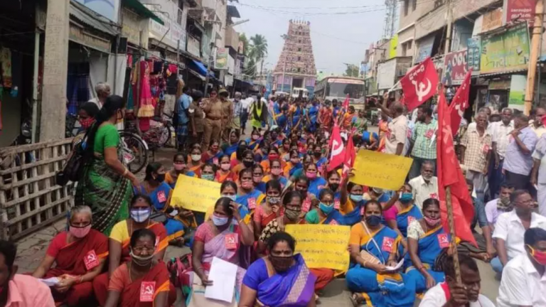 Community health workers in India blockade a road during the historic strike on November 26. Source Newsclick