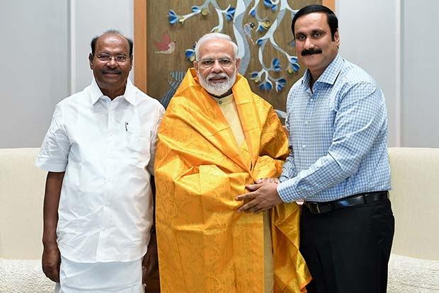 PMK founder S. Ramadoss (left) and Dr. Anbumani Ramadoss (right) with PM Narendra Modi. Image courtesy: DT Next