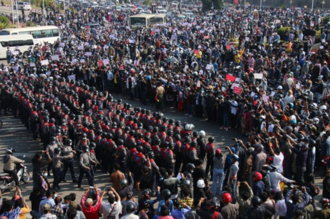 Protests in Myanmar’s central plains after the military coup.