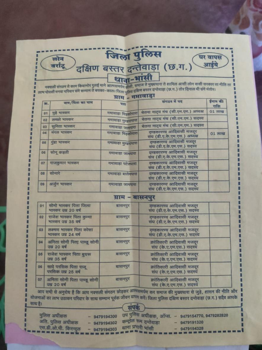 Dantewada police put up a list of 1,600 suspected Maoists in every panchayat of the district. The list faced harsh criticism a few days after the release as innocent people, restaurant owners, and daily wage workers found their names in it. 