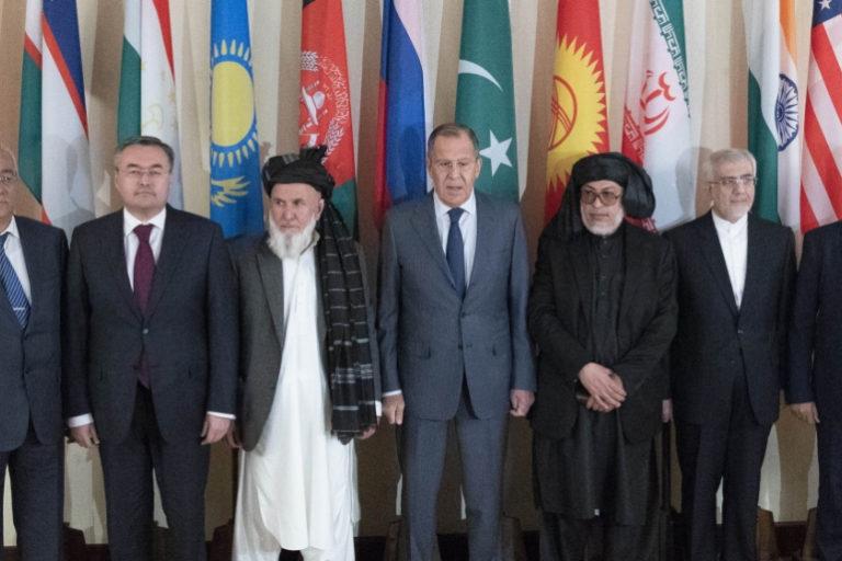 Russian Foreign Minister Sergey Lavrov flanked by Taliban officials attending a conference on Afghanistan, Moscow, November 2018