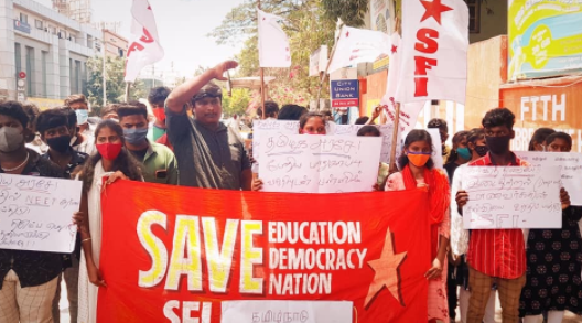 SFI members protesting in Chennai demanding ban on NGOs involvement on conducting classes