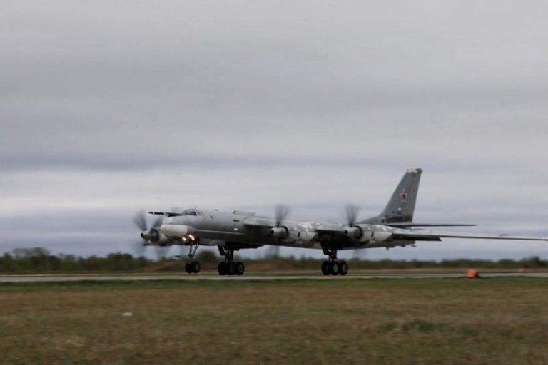 A Russian Tu-95 strategic bomber takes off during a 13-hour joint air patrol with China in Asia-Pacific region, at an unidentified location (image released by Russian MOD on May 24, 2022) 