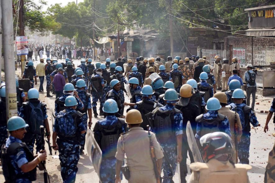 Prayagraj, June 10 (ANI): Security personnel during a protest against suspended BJP leader Nupur Sharma & Naveen Jindal over their inflammatory remarks, in Prayagraj on Friday. 