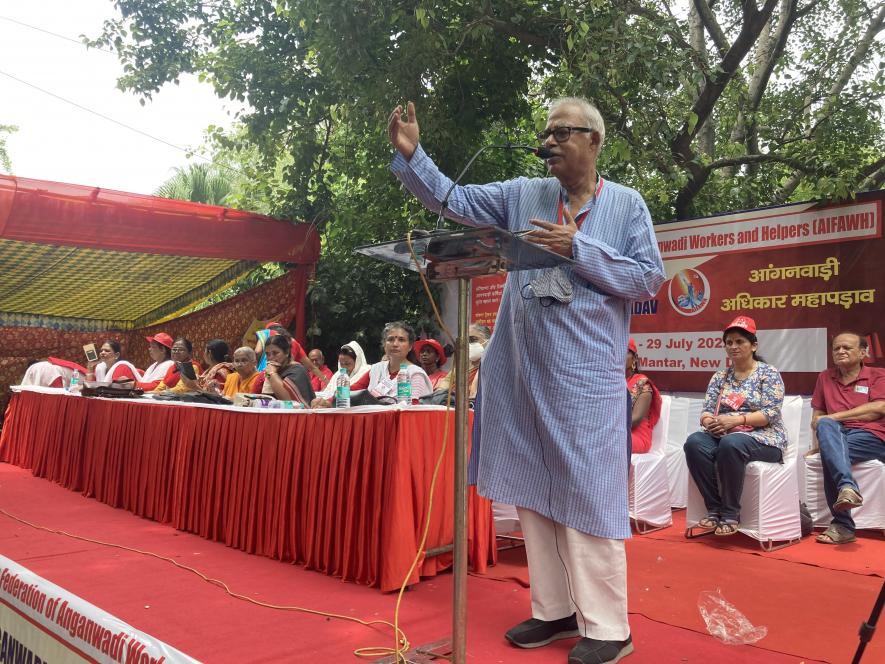 Trade unionists, farmer leaders address the gathering on Tuesday. Image clicked by Ronak Chhabra