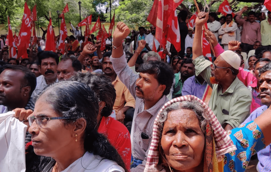 Mine workers protest at the DC office in Ballari