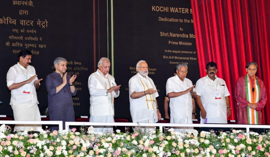 Prime Minister Narendra Modi dedicated the Kochi Water Metro to the nation in the presence of Chief Minister Pinarayi Vijayan, governor Arif Mohammed Khan in Thiruvananthapuram on April 25. (Image Courtesy:twitter.com/pinarayivijayan)