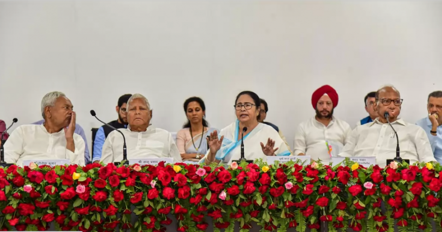 Opposition leaders addressing a press conference in Bihar's Patna after holding a four-hour-long meeting. 