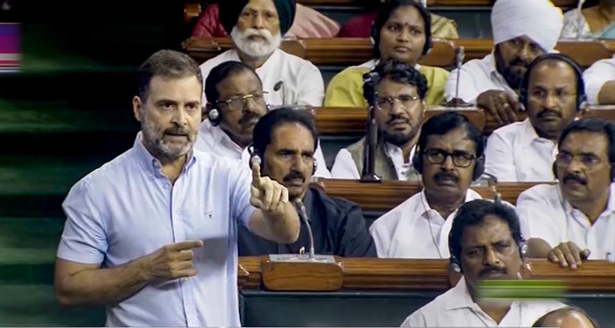 Congress MP Rahul Gandhi speaks on the Motion of No-Confidence in the Lok Sabha during the Monsoon session of Parliament, in New Delhi, Wednesday, Aug. 9, 2023.