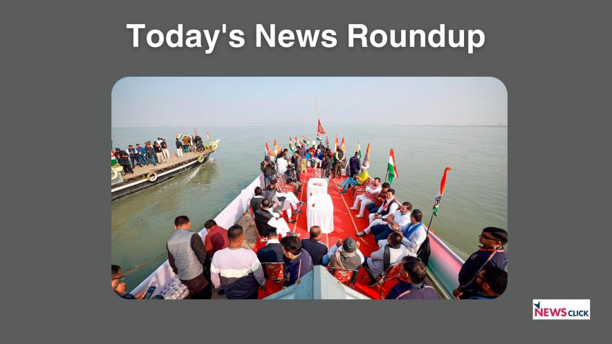 Congress leader Rahul Gandhi with party leaders and supporters on a boat during the 'Bharat Jodo Nyay Yatra' in Majuli, Assam, Friday, Jan. 19, 2024. (PTI Photo)   (PTI01_19_2024_000094B)