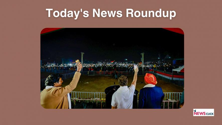 Congress leader Rahul Gandhi with others waves to the gathering at a public meeting at Nongpoh during the Bharat Jodo Nyay Yatra, in Ri Bhoi district, Monday, Jan. 22, 2024. (PTI Photo) (PTI01_22_2024_000660B)