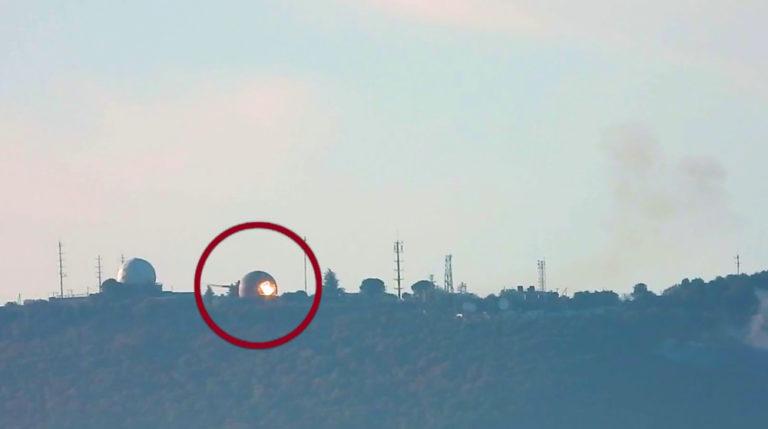 Screengrab of a Hezbollah anti-tank guided missile hitting a radar dome at Israeli air base on Mount Meron, Jan. 6, 2024