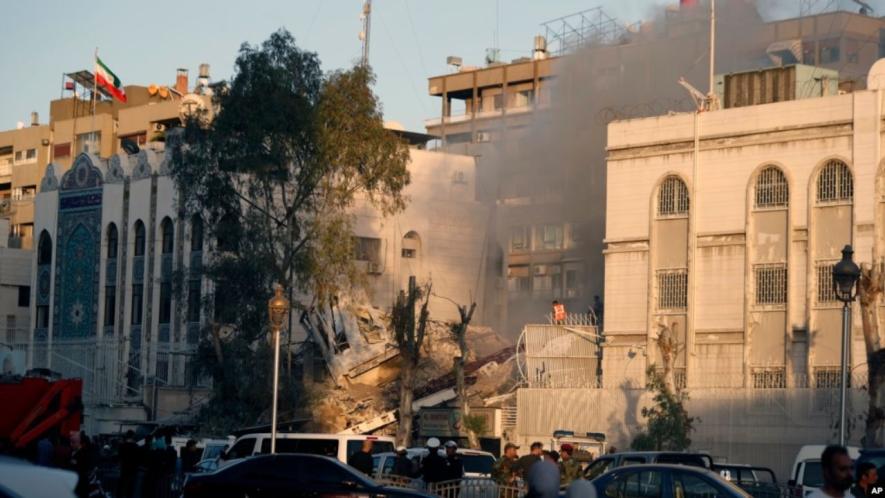 A destroyed building in Iran’s embassy compound in Tehran hit by an Israeli airstrike on April 1, 2024