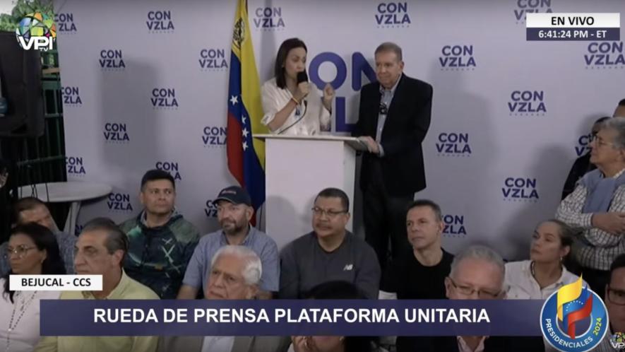 María Corina Machado and Edmundo González in a press conference on Monday July 29. Photo: Screenshot