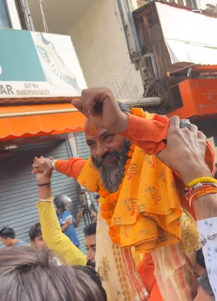 Vikas Verma, Bajrang Dal  leader, was garlanded and taken around in procession after his release from police custody in Paltan Bazaar, Dehradun on Friday. 