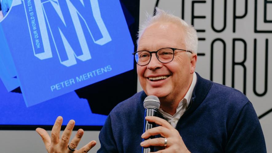 Peter Mertens speaking at the book launch of Mutiny at the People's Forum in New York City. Photo: Wyatt Souers