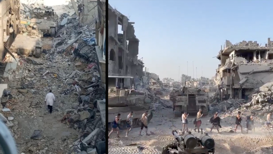 Scenes from Israel's siege on Kamal Adwan Hospital. On the left, the last photo of Dr. Hussam Abu Safiya as he walks towards Israeli tanks. On the right, IOF forced health workers and patients to strip and evacuate the hospital. Photo: Screenshots